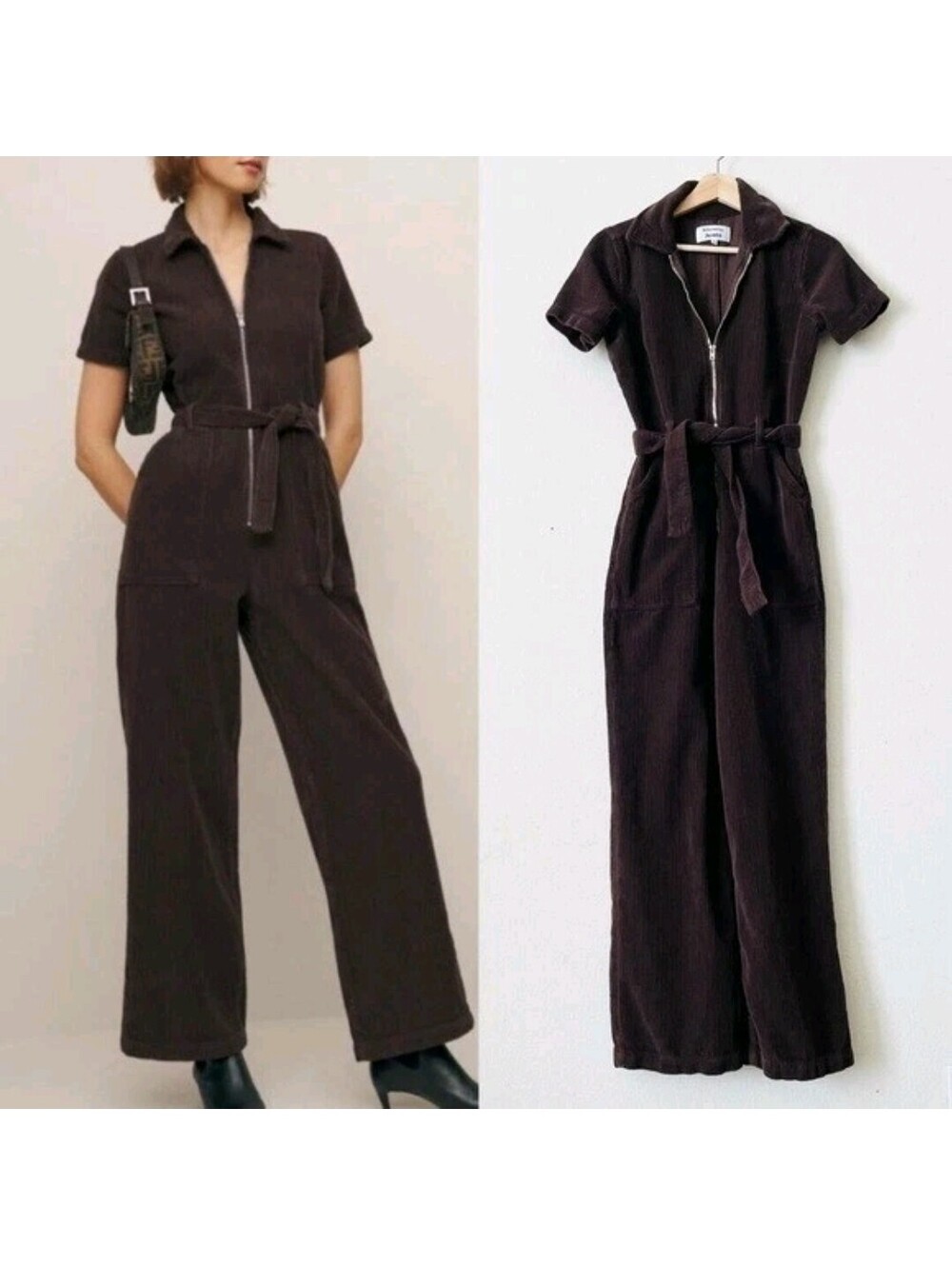 Reformation Jumpsuit Women 0 Cassidy Corduroy straight leg Romper Espresso Brown